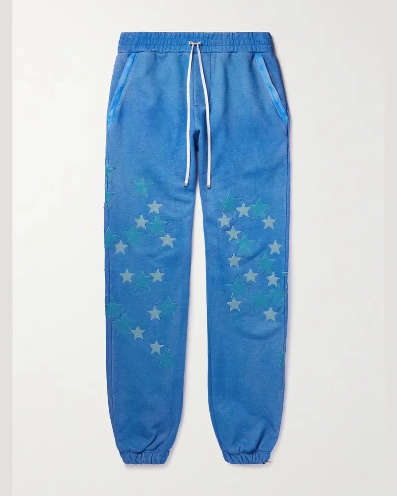 Amiri Tapered Leather-Appliquéd Supima Cotton-Jersey Sweatpants Blue