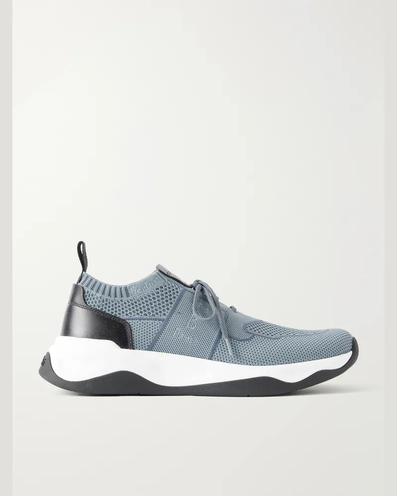Berluti Shadow Leather-Trimmed Stretch-Knit Sneakers Gray