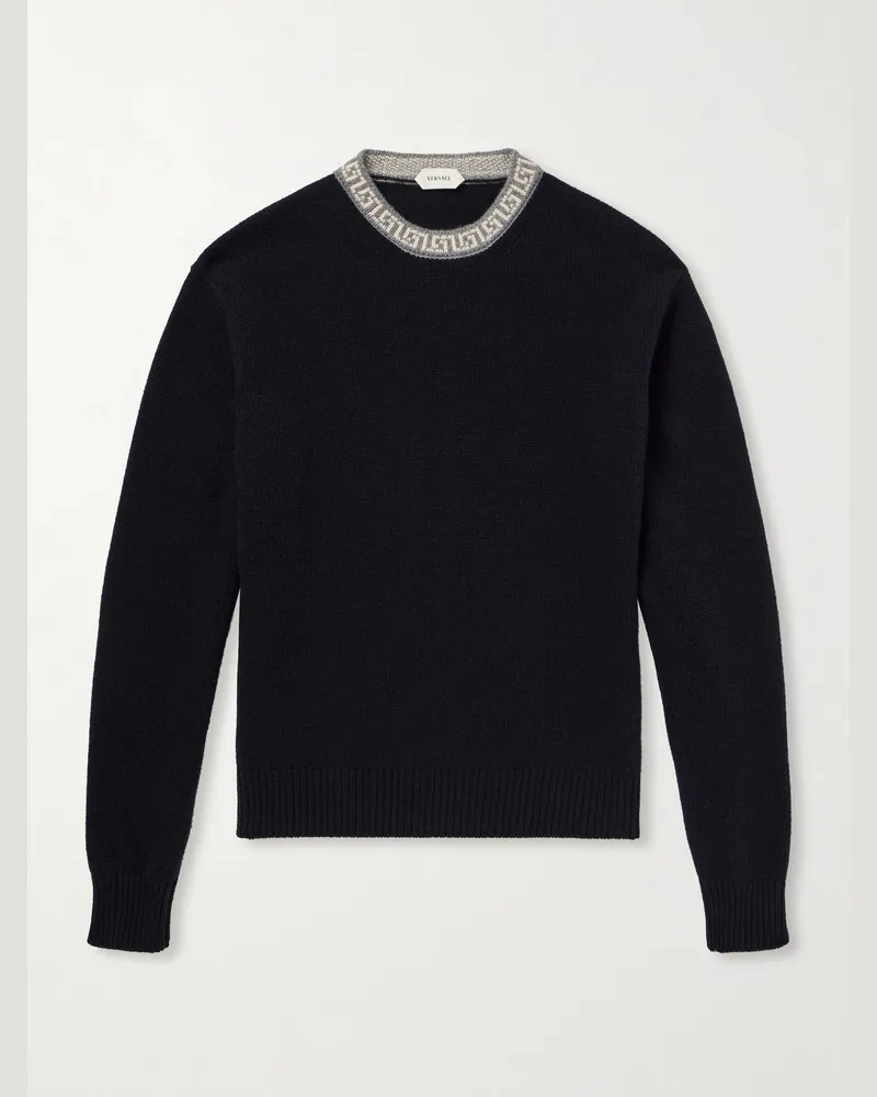 Versace Greca-Intarsia Wool and Cashmere-Blend Sweater Black
