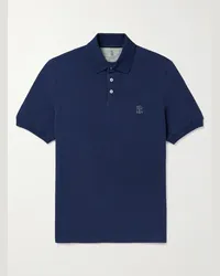 Brunello Cucinelli Polohemd aus Baumwoll-Piqué mit Logoprint Blau