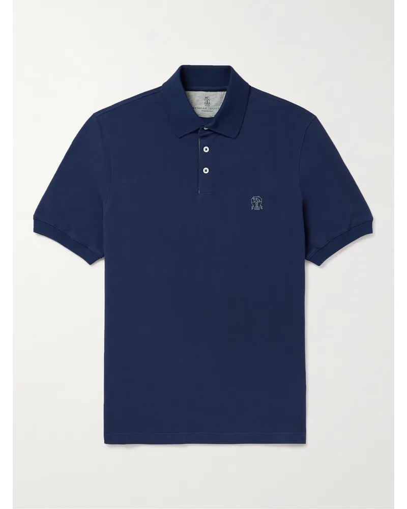 Brunello Cucinelli Polohemd aus Baumwoll-Piqué mit Logoprint Blau