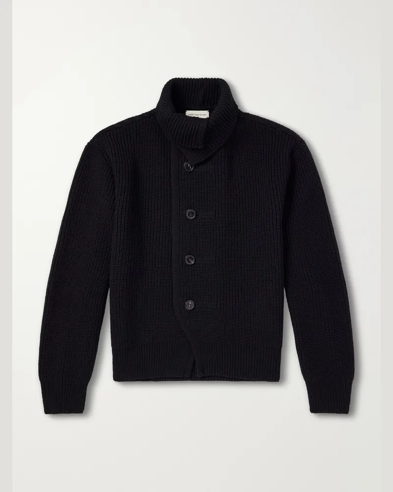 Dries van Noten Shawl-Collar Ribbed Wool Cardigan Black