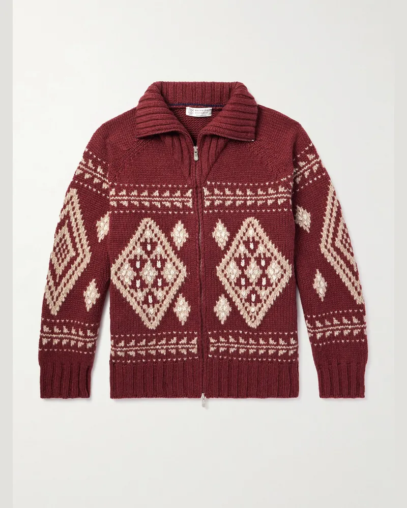 Brunello Cucinelli Cardigan aus Jacquard-Strick aus Kaschmir mit Reißverschluss Burgunder