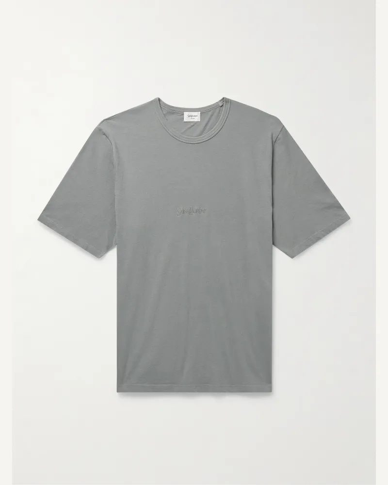 Saint Laurent Logo-Embroidered Cotton-Jersey T-Shirt Gray