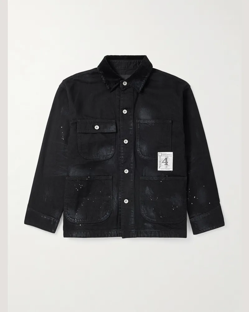 Neighborhood Corduroy-Trimmed Paint-Splattered Denim Jacket Black