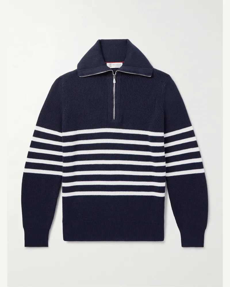 Brunello Cucinelli Striped Ribbed Cotton Half-Zip Sweater Blue