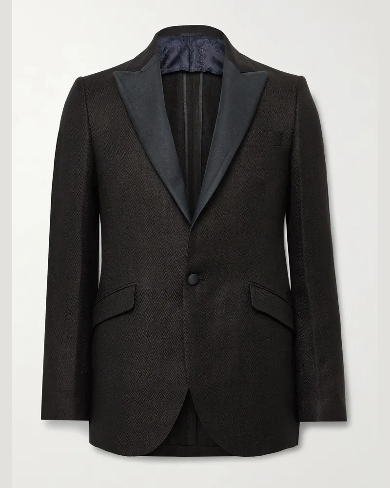 Favourbrook Randwick schmal geschnittene Smokingjacke aus einer Leinen-Seidenmischung mit Fischgratmuster und Faille-Besatz Braun