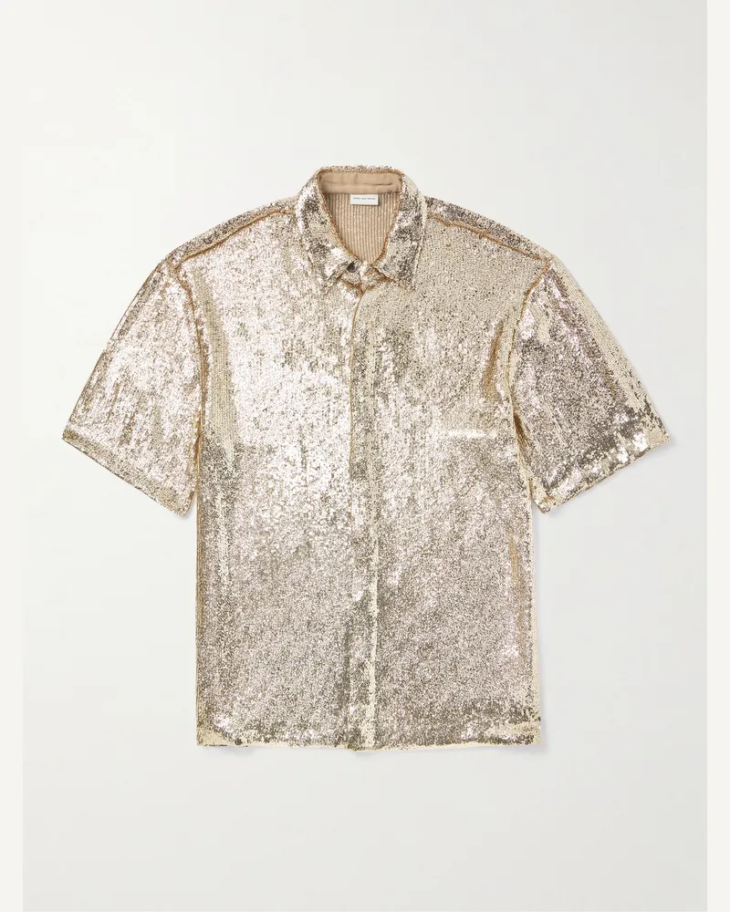 Dries van Noten Oversized Sequinned Crepe Shirt Gold