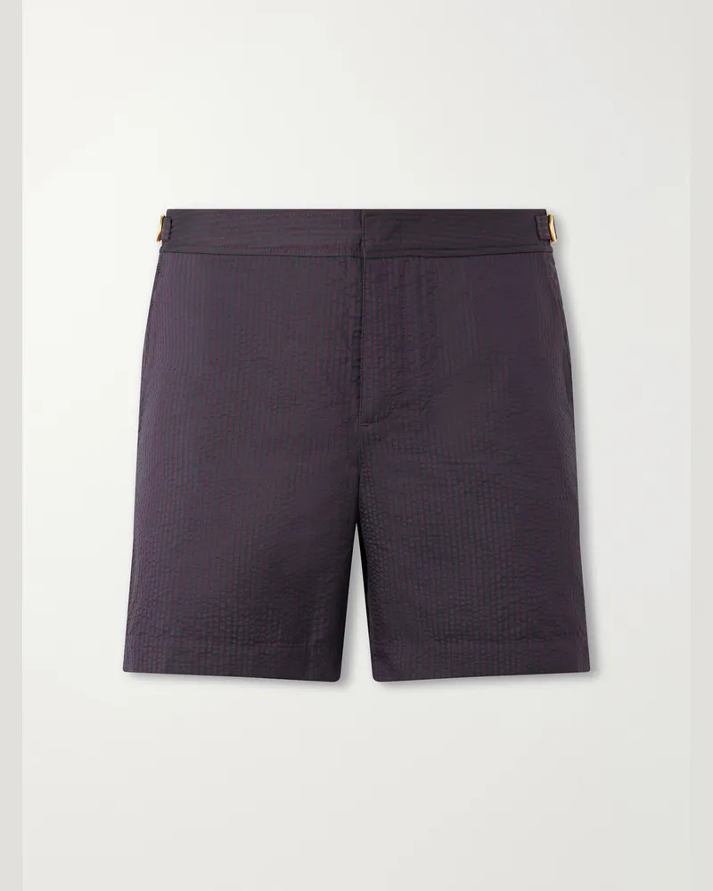 Orlebar Brown Bulldog Straight-Leg Mid-Length Striped Seersucker Swim Shorts Brown