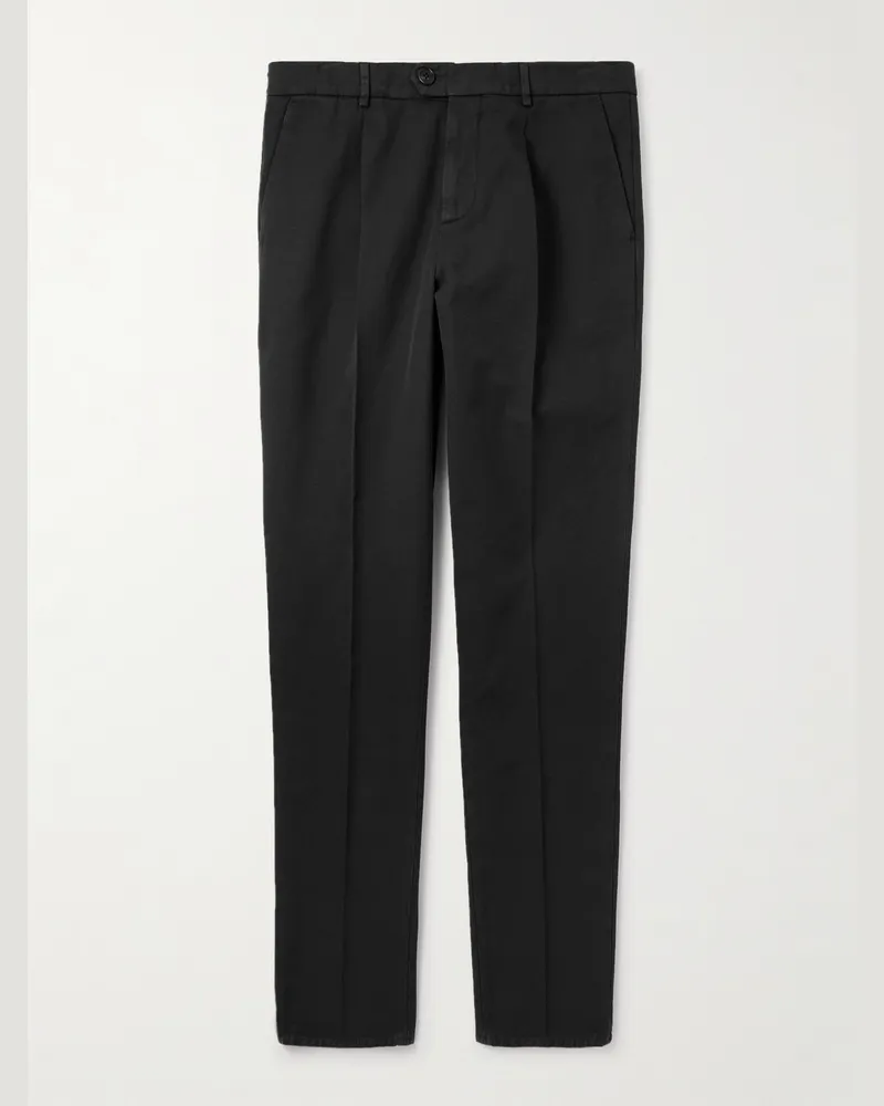 Brunello Cucinelli Straight-Leg Pleated Cotton-Twill Trousers Black
