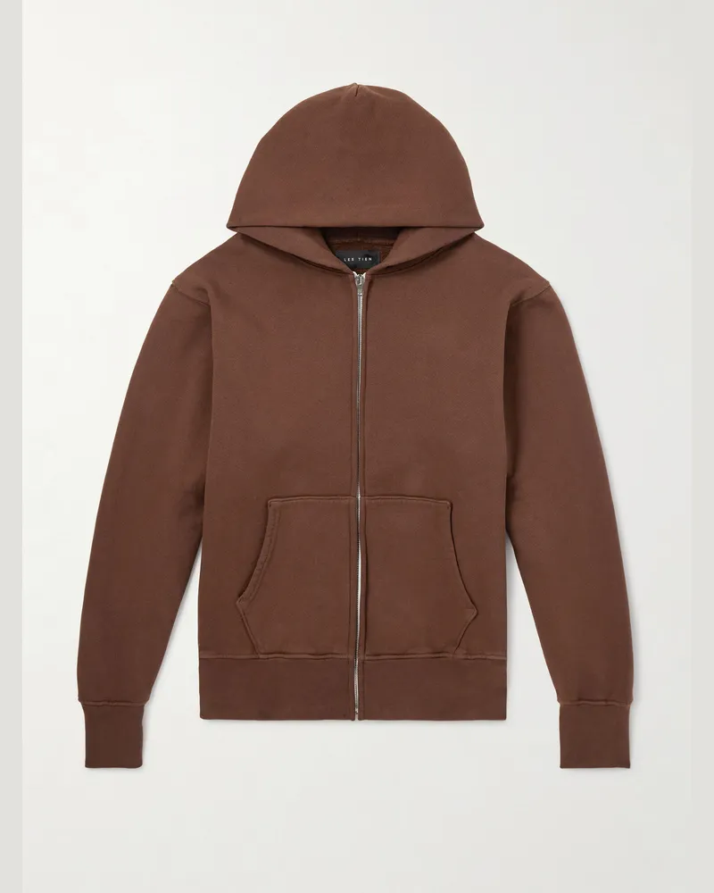 LES TIEN Garment-Dyed Cotton-Jersey Zip-Up Hoodie Brown