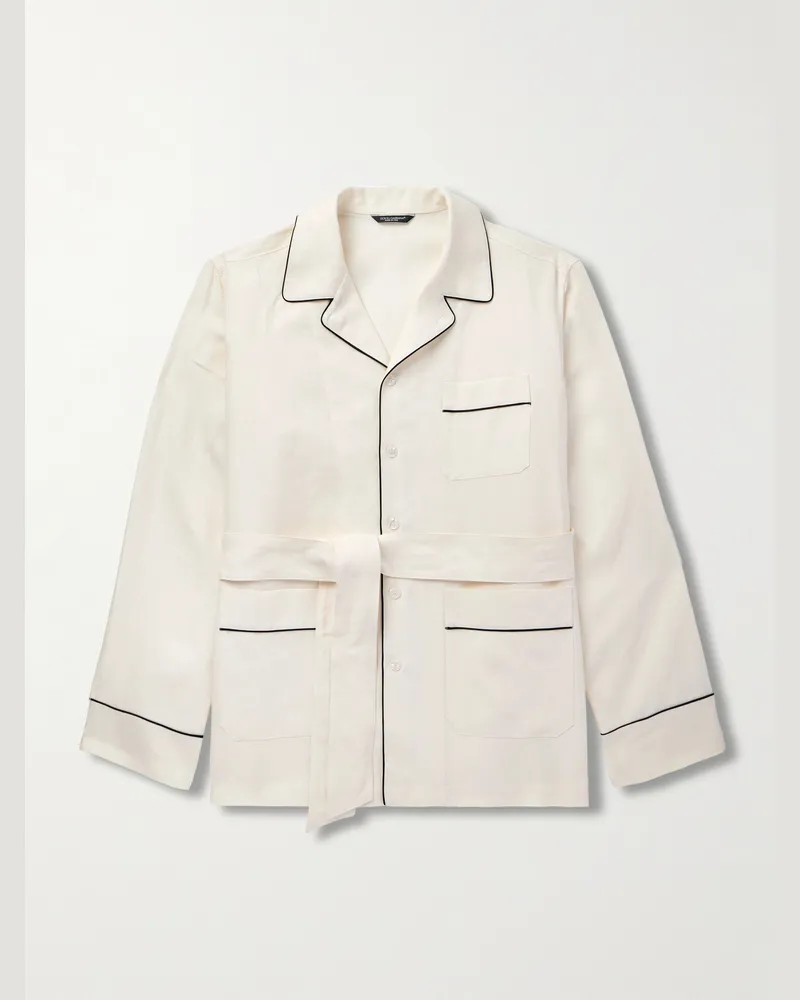 Dolce & Gabbana Hemdjacke aus einer Leinen-Seidenmischung mit Reverskragen, Gürtel und Paspeln Neutral