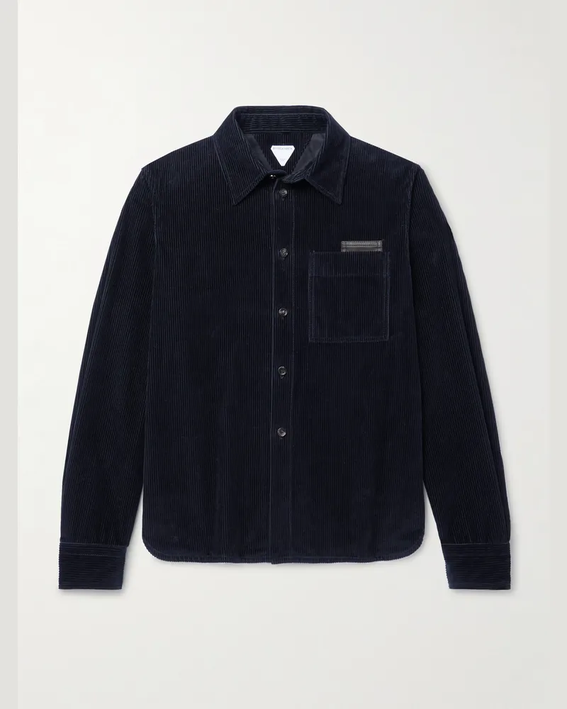 Bottega Veneta Hemdjacke aus Baumwollcord mit Lederbesatz Blau