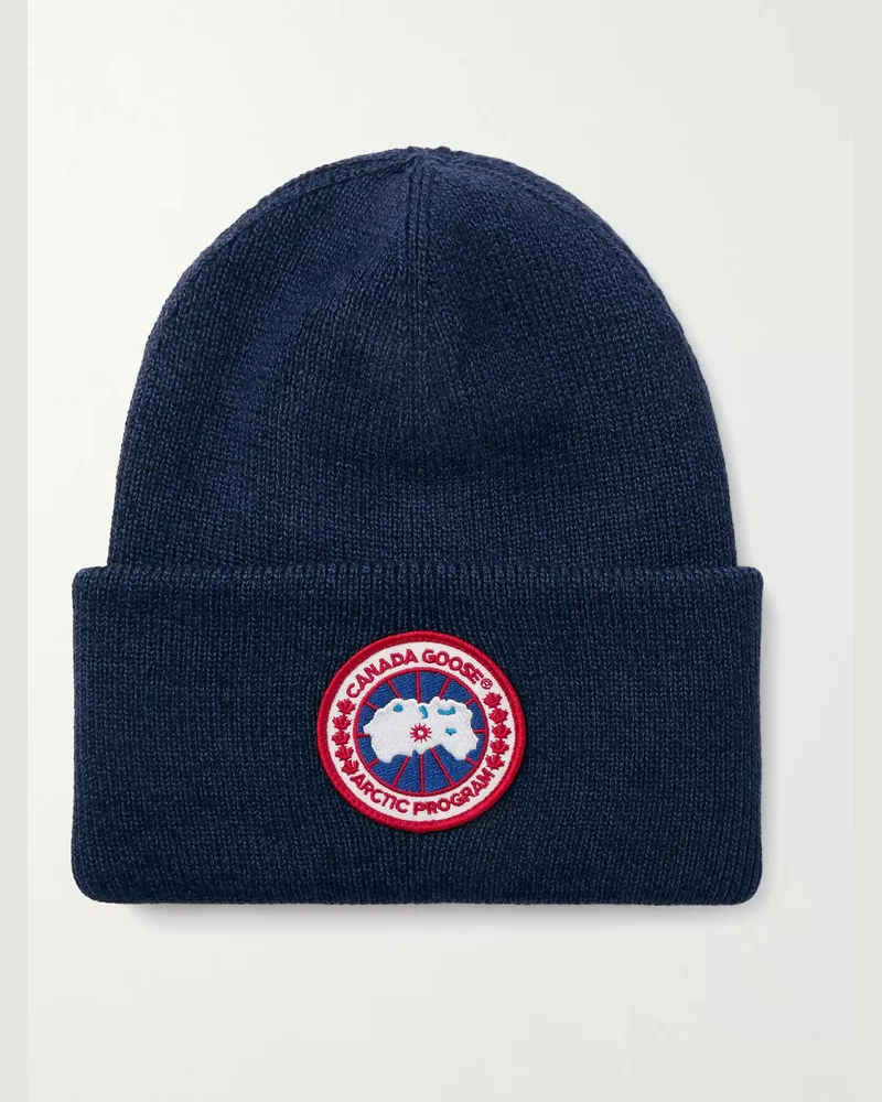 Canada Goose Logo-Appliquéd Merino Wool Beanie Blue
