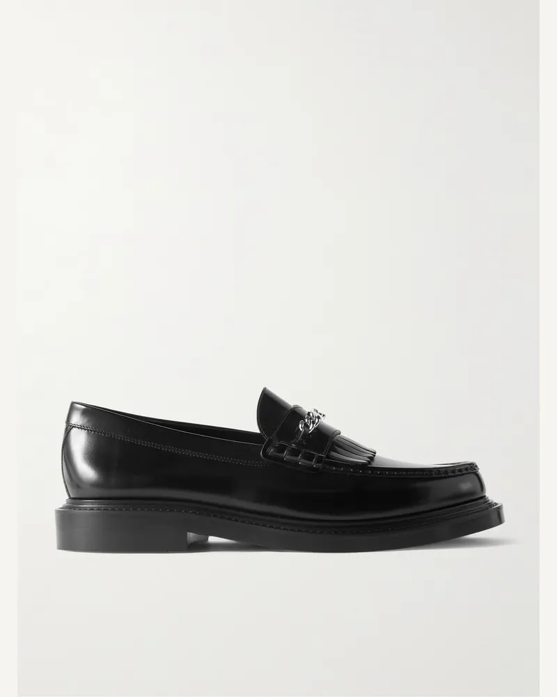 Celine Loafers aus Leder mit Logoverzierung und Fransen Schwarz