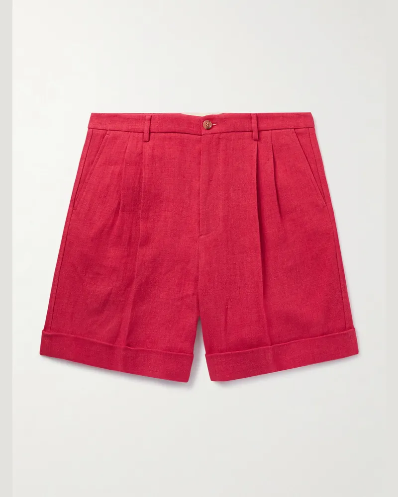 Valentino Garavani Straight-Leg Pleated Linen Bermuda Shorts Red