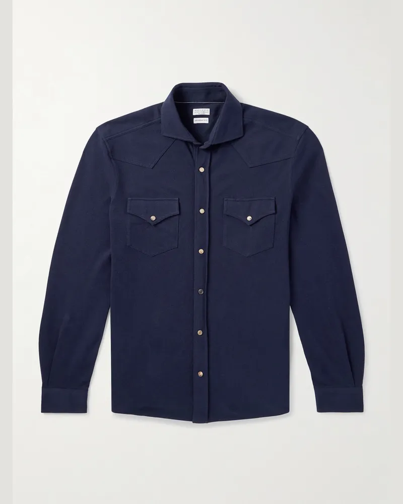 Brunello Cucinelli Schmal geschnittenes Hemd aus Baumwoll-Piqué im Western-Stil Blau