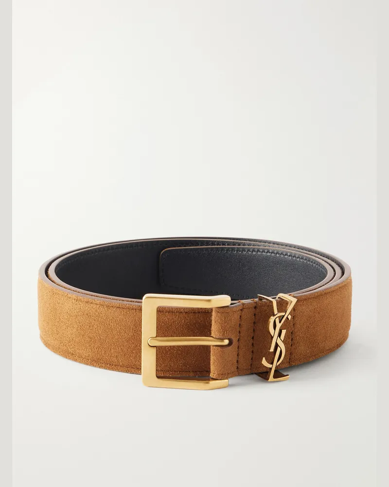 Saint Laurent 3 cm Logo-Embellished Suede Belt Brown