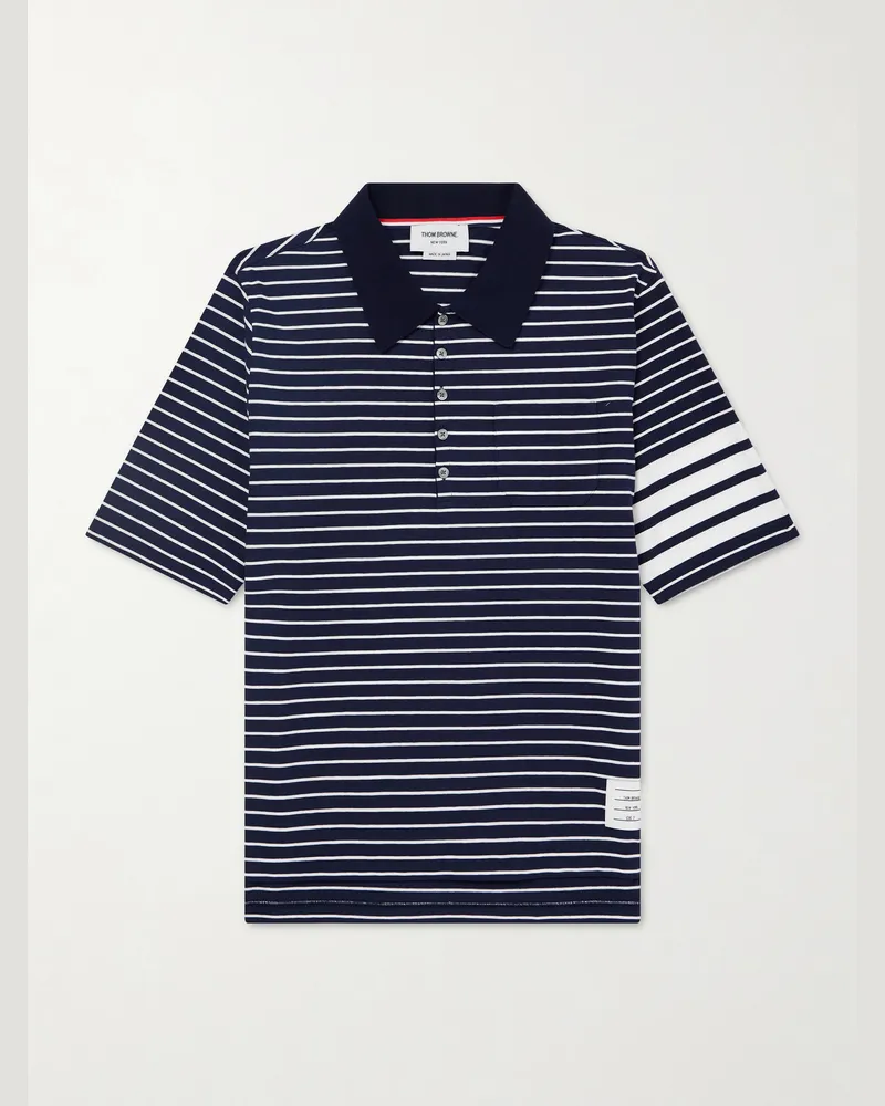 Thom Browne Striped Logo-Appliqué Cotton-Blend Terry Polo Shirt Blue