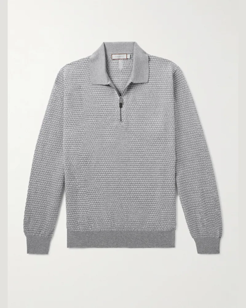 Canali Pullover aus Jacquard-Strick mit Flechtmuster, kurzem Reißverschluss und Polokragen Grau