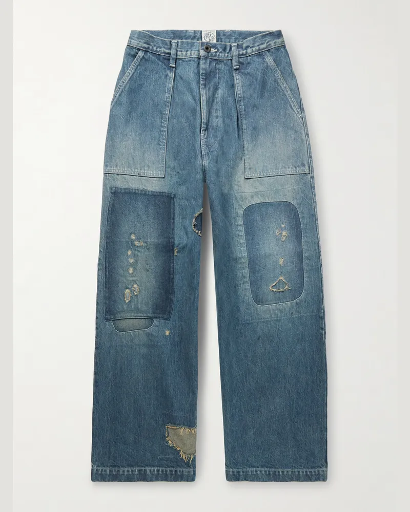 KAPITAL Rushfield Remake Wide-Leg Panelled Distressed Jeans Blue