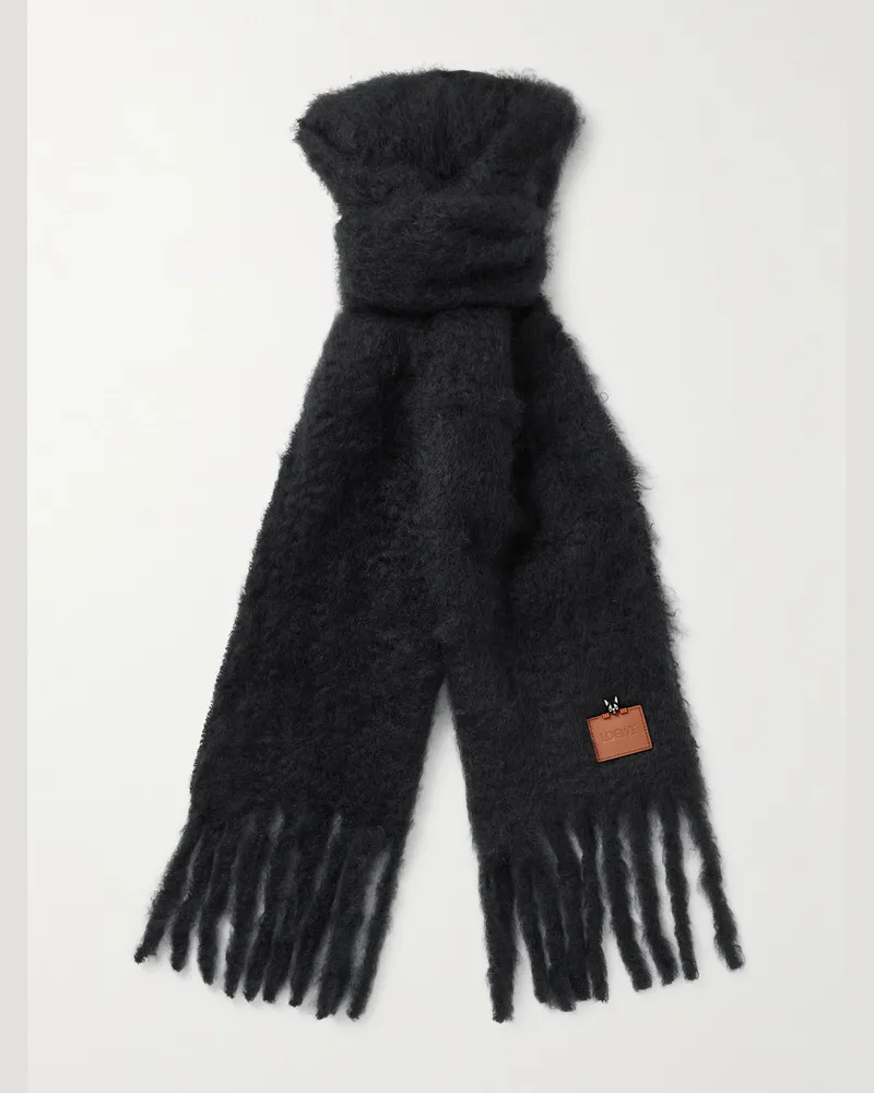Loewe Logo-Appliquéd Fringed Mohair and Wool-Blend Scarf Black