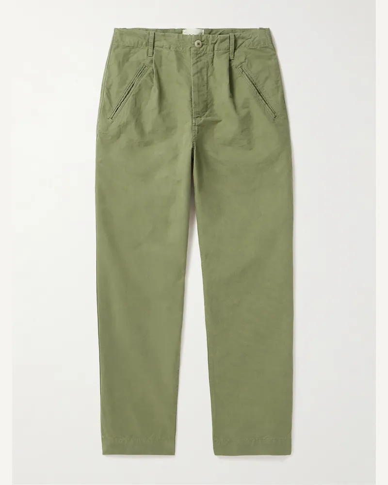 Folk Assembly Straight-Leg Pleated Cotton-Twill Trousers Green