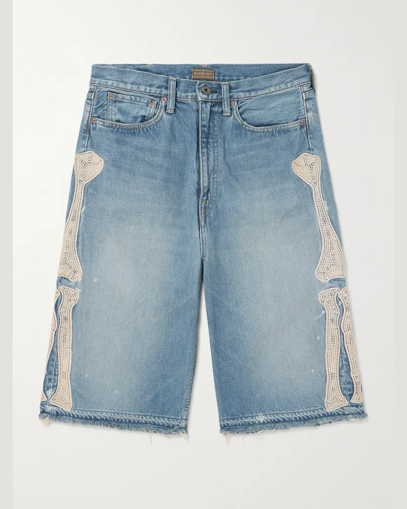 KAPITAL Straight-Leg Appliquéd Distressed Denim Shorts Blue