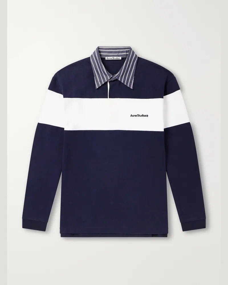 Acne Studios Logo-Embroidered Striped Poplin-Trimmed Cotton-Jersey Sweater Blue