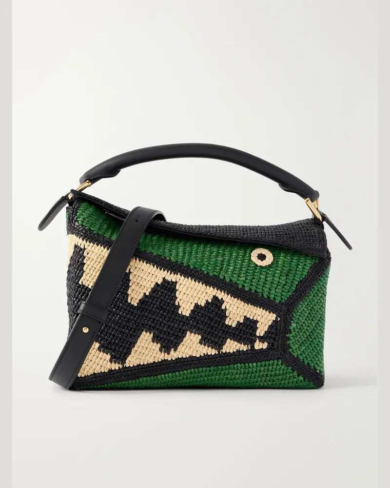 Loewe Paula's Ibiza Puzzle Edge Crocodile leather-trimmed raffia shoulder bag Green