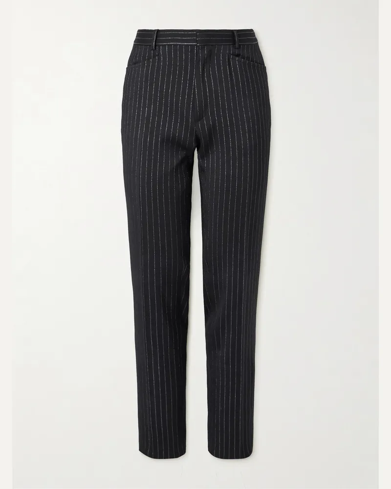 Tom Ford Dyylan Straight-Leg Striped Metallic Wool and Silk-Blend Suit Trousers Black