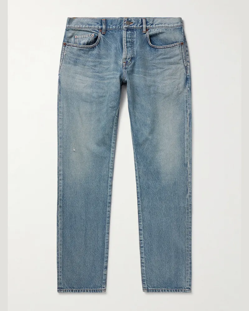 Saint Laurent Schmal geschnittene Jeans in Distressed-Optik Blau
