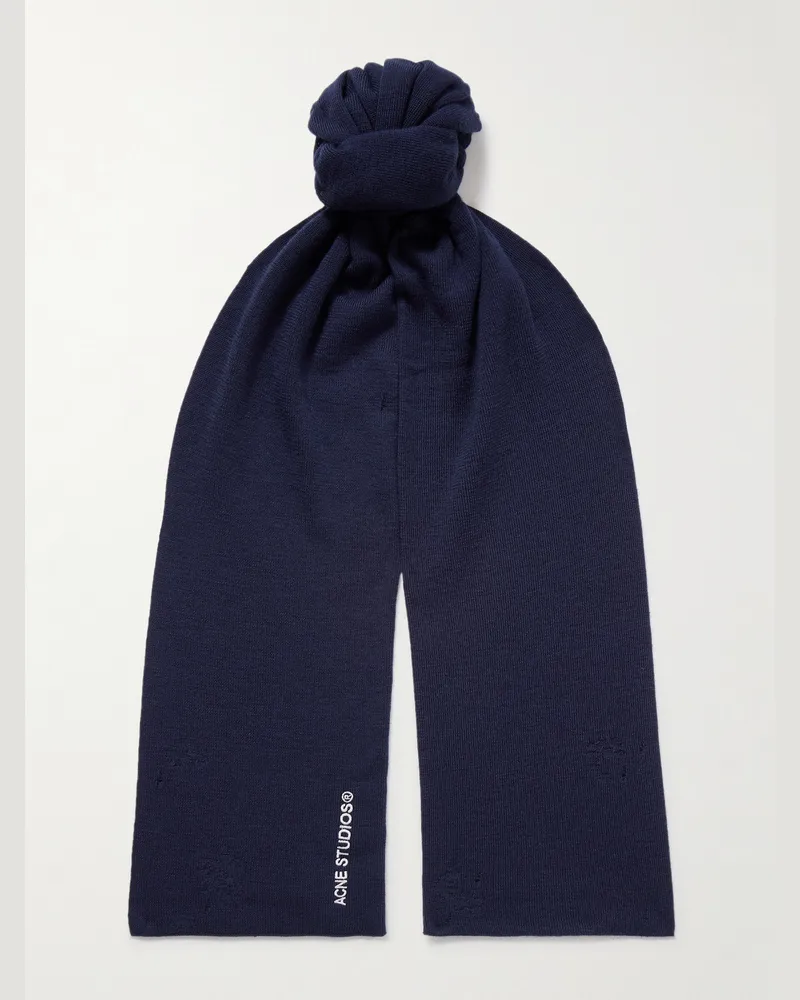 Acne Studios Kornoto Logo-Embroidered Wool-Blend Scarf Blue