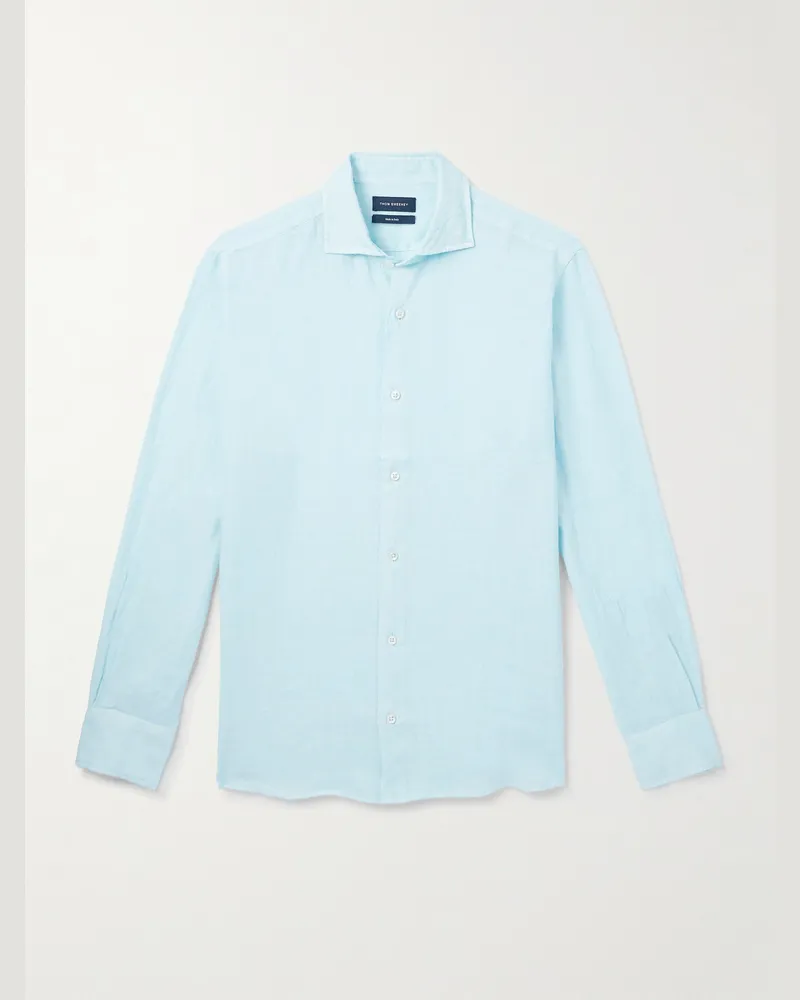 Thom Sweeney Slim-Fit Cutaway-Collar Linen Shirt Blue