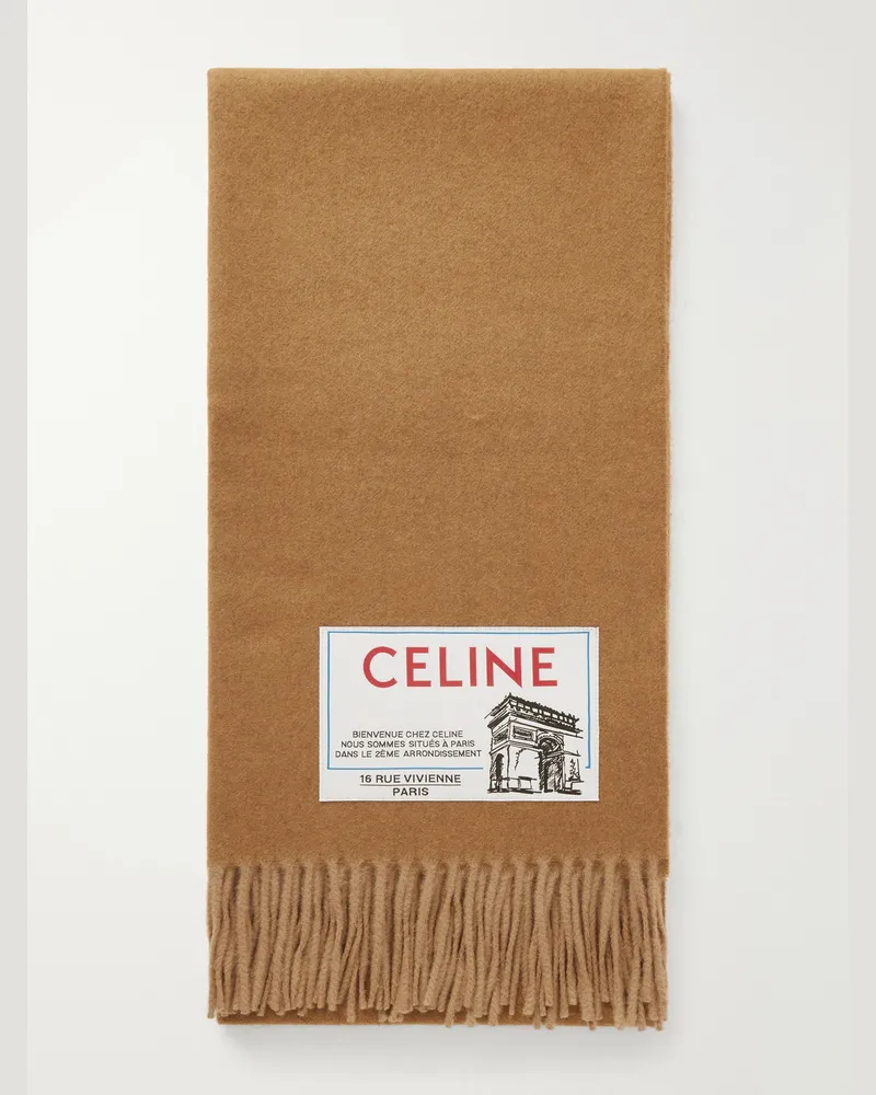 Celine Logo-Appliquéd Fringed Wool and Cashmere-Blend Scarf Brown