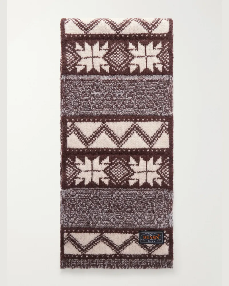 Beams Plus Muffler Cable-Knit Jacquard Wool Scarf Brown
