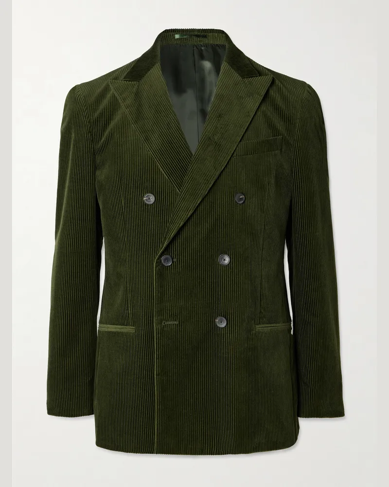 MR P. Schmal geschnittene doppelreihige Smokingjacke aus Cord aus einer Baumwoll-Kaschmirmischung Grün