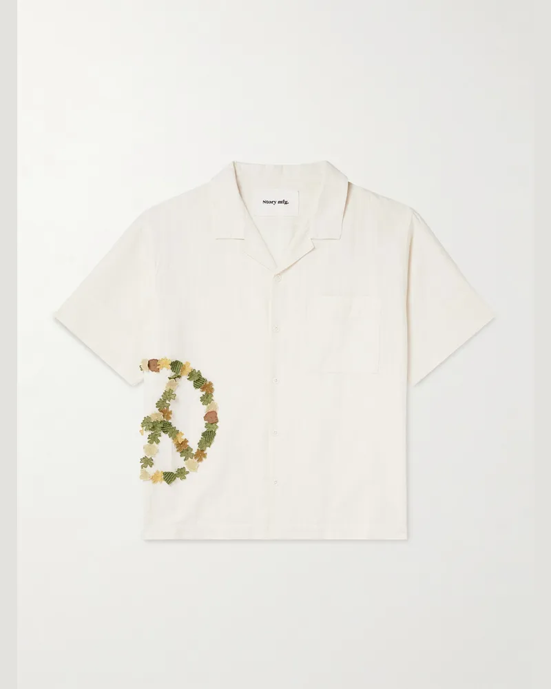 STORY mfg. Greetings Oversized Camp-Collar Appliquéd Organic Cotton Shirt Neutrals