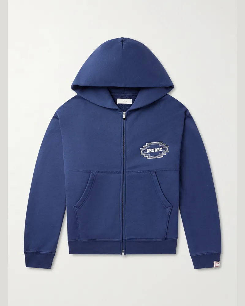 Cherry Los Angeles Navajo Logo-Embroidered Cotton-Jersey Zip-Up Hoodie Blue