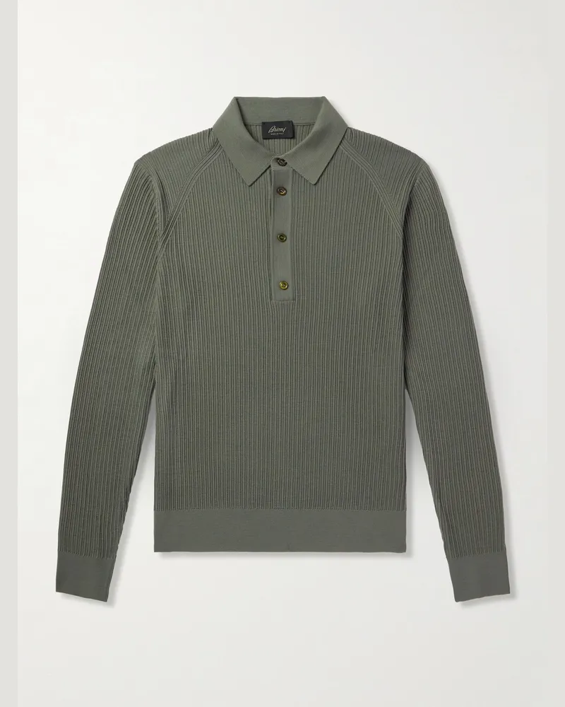 Brioni Pullover aus Wolle in Pointelle-Strick mit Polokragen Grün