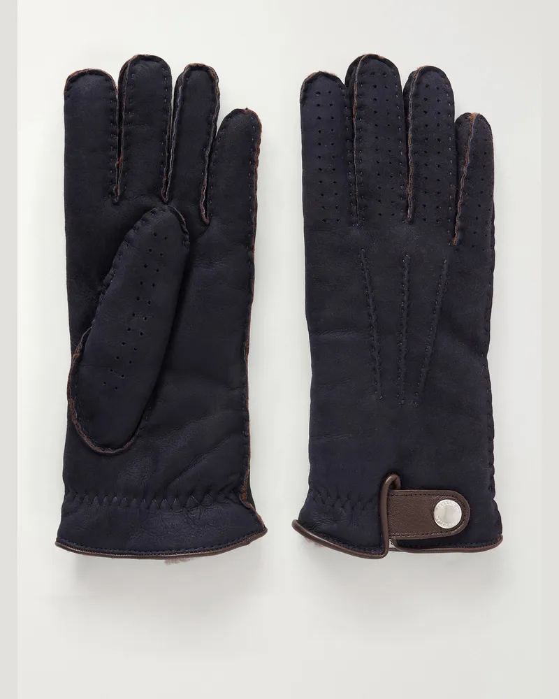 Brunello Cucinelli Leather-Trimmed Suede Gloves Blue
