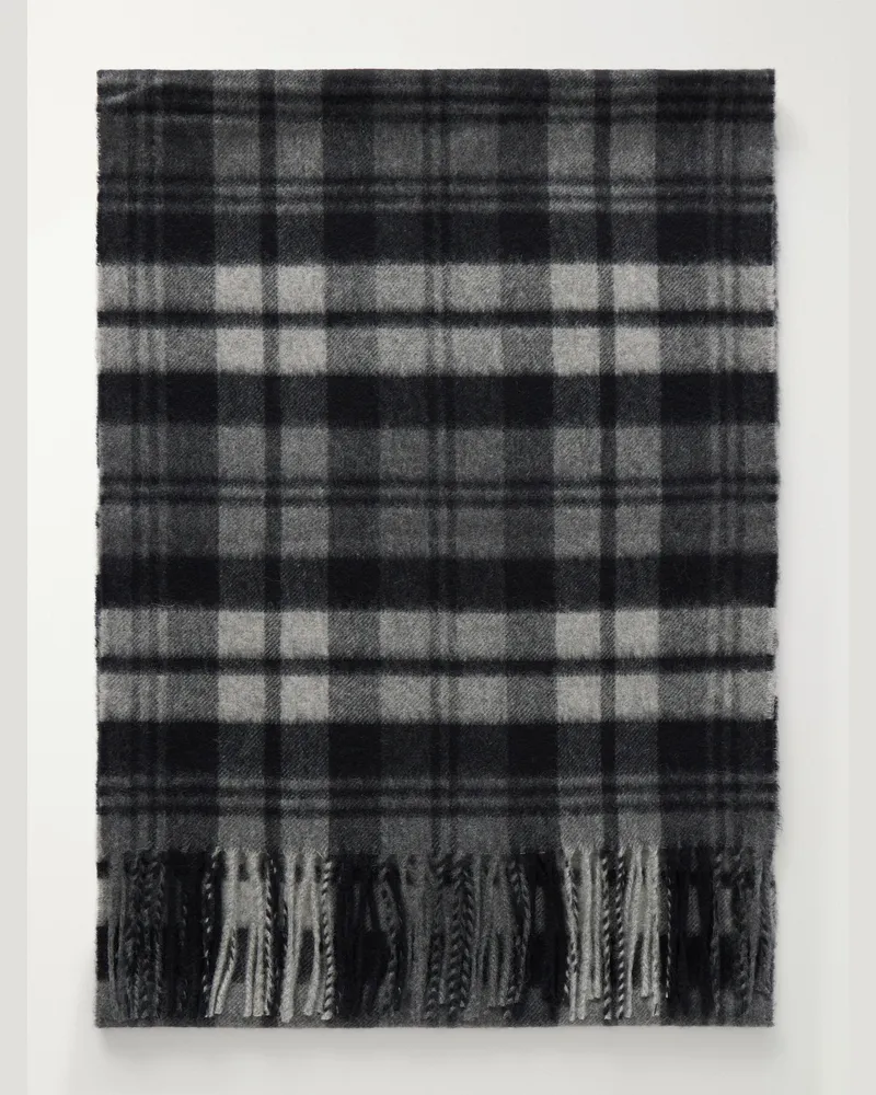 Johnstons of Elgin Fringed Checked Cashmere Scarf Gray