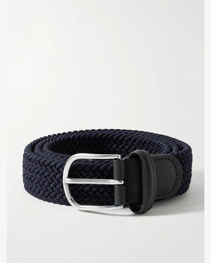 Anderson's 3.5cm Leather-Trimmed Woven Elastic Belt Blue