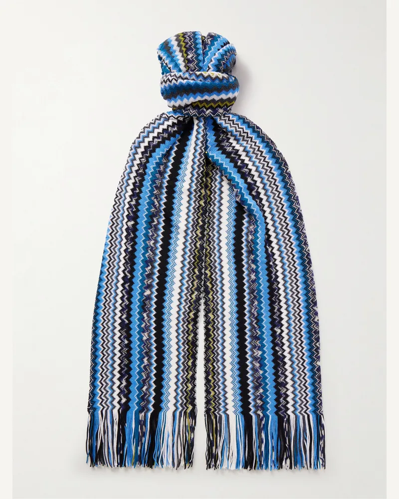 Missoni Fringed Jacquard-Knit Wool Scarf Blue