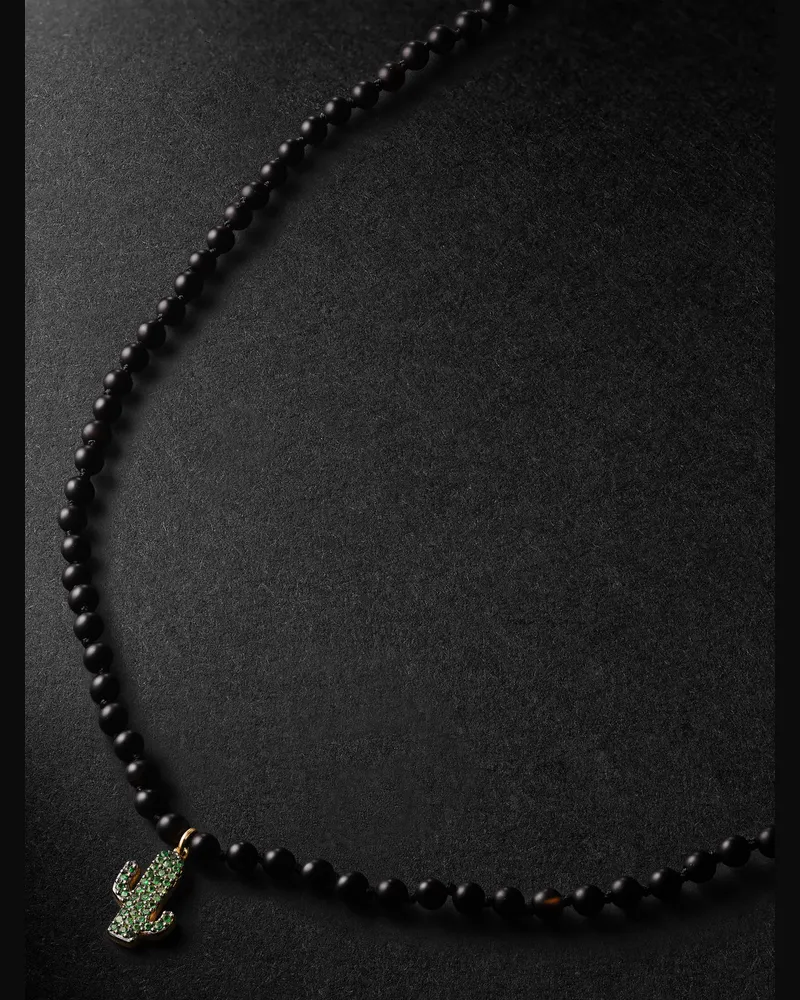 Ileana Makri Gold, Onyx and Tsavorite Beaded Pendant Necklace Black