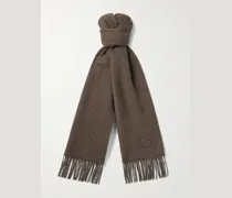 Schal aus Kaschmir mit Lederbesatz, Logoapplikation und Fransen