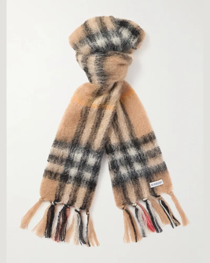 Burberry Karierter Schal aus einer Mohairmischung mit Fransen Neutral