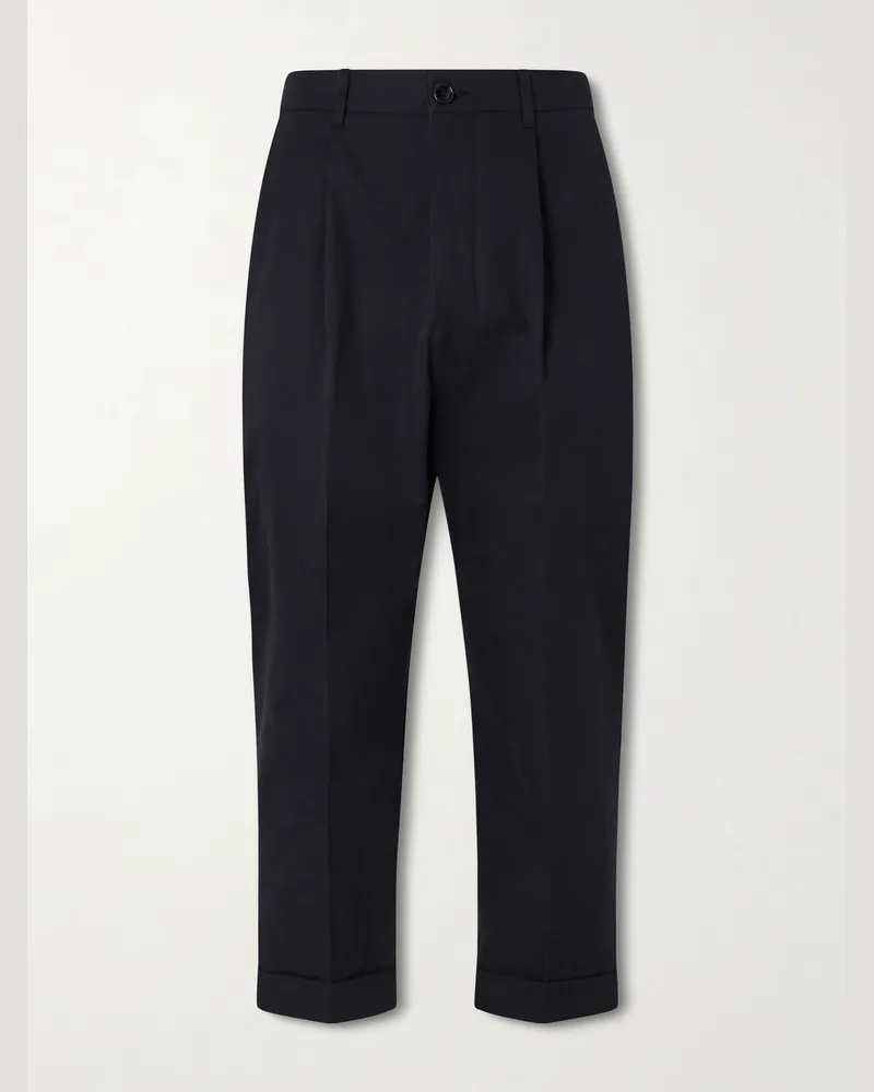 AMI Paris Carrot Cropped Tapered Pleated Cotton-Gabardine Trousers Black