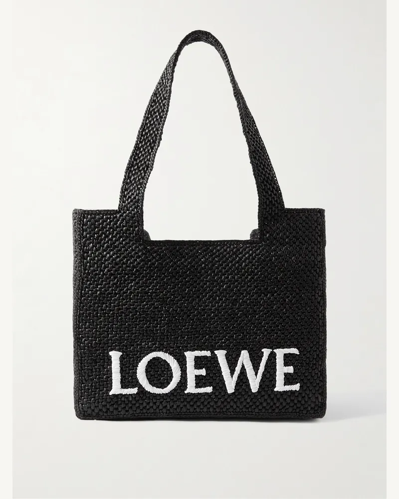 Loewe Mittelgroße Tote aus Raffiabast mit Logostickerei Schwarz