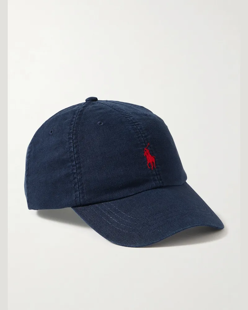 Ralph Lauren Baseballkappe aus Leinen mit Lederbesatz und Logostickerei Blau